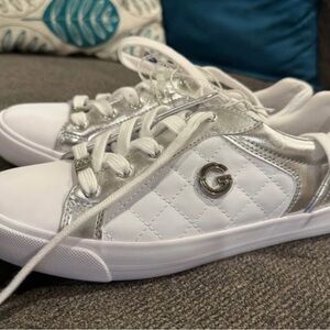 Women's White and Silver Sneakers